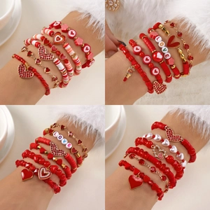 Valentijnsdag Rood Hart Meerlagige Kralen Armband Set Voor Dames Legering Polymeerklei Letter Love Kralen Mode Sieraden Accessoires