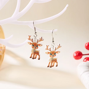Cute Christmas Reindeer Acrylic Drop Earrings For Women Colorful Printed Cartoon Deer Dangle Earrings Festive Holiday Party Jewelry