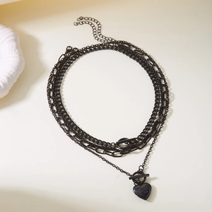 Layered black OT buckle necklace with heart pendant engraved with I love you text