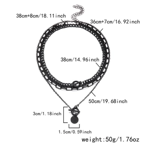 Detail view of multi-layer black metal necklaces with OT toggle clasp and measurements