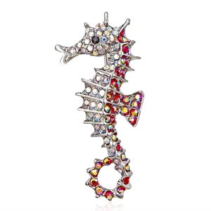 Exquisite seahorse brooch featuring silver alloy and multi-color pavé crystal rhinestones