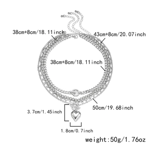 Detailed dimension guide for silver multi-layer necklace with heart pendant and OT buckle