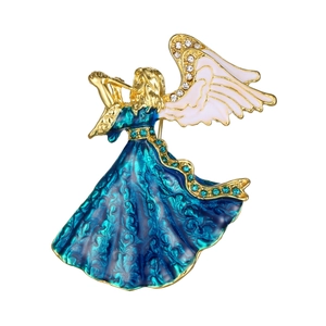 Detail of angel brooch with peacock blue enamel gown and sparkling cubic zirconia wings