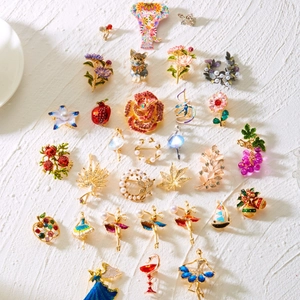 Variety set of colorful enamel and rhinestone brooches with animal and floral designs
