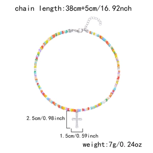 Rainbow beaded necklace with rhinestone cross pendant and adjustable extender chain