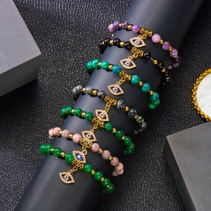 Bracelet Perles Mauvais Oeil Pierre Naturelle Yoga Énergie Protection Alliage Or Entretoises Strass Bijoux Homme Femme