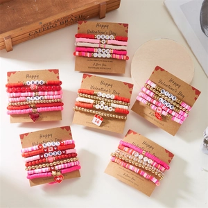 Böhmisches Polymer-Ton Herz Armband Für Damen Valentinstag Perlen Set Legierung Gold Perlen Buchstabe XOXO LOVE Schmuck