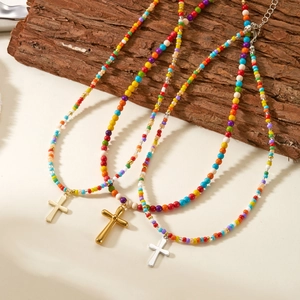 Colorful beaded cross pendant necklaces with stainless steel toggle for women