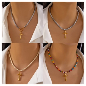 Stainless Steel Cross Pendant Necklace Natural Stone Colorful Beaded Choker With Toggle Clasp For Women Vintage Bohemian Jewelry