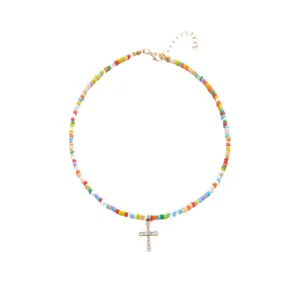 Bohemian colorful beaded necklace with gold cross pendant and adjustable lobster clasp