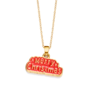 Collier de Noël doré avec pendentif rectangulaire en émail rouge Merry Christmas chic