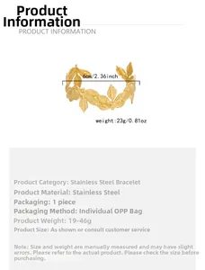 Detail showing 6cm diameter and 23g weight of a golden leaf stainless steel cuff bracelet
