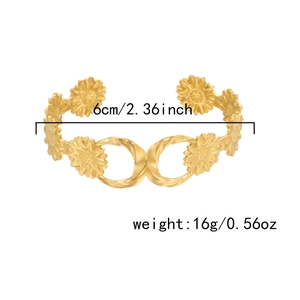 Detailed view of golden sunflower open cuff bracelet showing 6cm diameter size and 16g weight