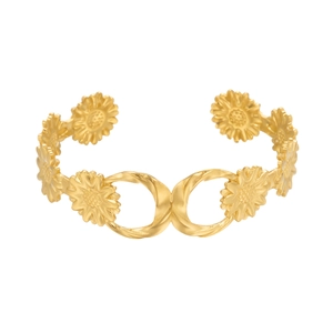 Detailed close-up of golden infinity sunflower open cuff bracelet with matte finish