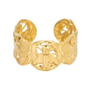 Gold hollow cuff bracelet featuring a detailed bee design in vintage beach style