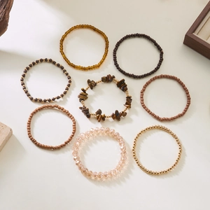 Detailed view of 8-piece bohemian beaded stretch bracelet set with natural stone and crystals