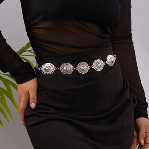 Bohemian style silver waist chain with vintage engraved circular link pendants
