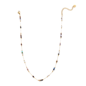 Detail of gold necklace with colorful natural stone beads and heart tag on adjustable chain