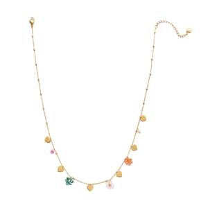 Detail of gold-plated stainless steel chain with heart charms and colorful floral beads