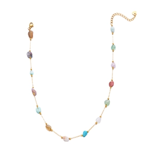 Detail of colorful natural stones on gold stainless steel chain with lobster clasp