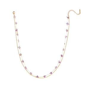 Double-layered gold necklace with natural purple stones and fine stainless steel chain