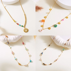 Collier en Acier Inoxydable et Pierre Naturelle pour Femme Plaqué Or Soleil Fleur Cœur Pendentif Chaîne à Perles Multicouche