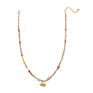 Macro detail of Bohemian natural stone beads and golden elephant pendant necklace