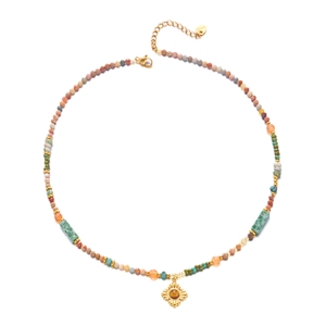 Close-up of stainless steel lobster clasp and logo tag on colorful beaded necklace