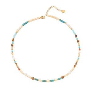 Bohemian natural stone beaded necklace with stainless steel pendant on white background