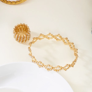 Goldenes fünfreihiges Kristall Teleskop Ring und Armband Set mit Gittermuster Design