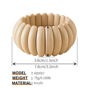 Detail of cream acrylic geometric stretch bracelet with height and diameter specs