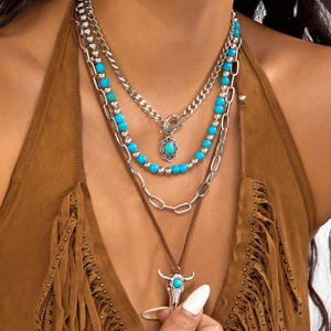 Western Cowboy Halsketten-Set mit silbernem Stierschädel und Türkis-Anhängern im Lagenlook