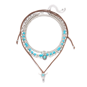 Western Cowboy Halsketten-Set mit Türkisperlen und metallischem Stierkopf-Anhänger