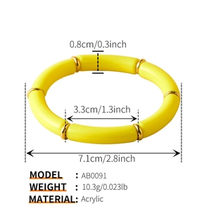 Gele acryl armband met gouden spacers en gedetailleerde productafmetingen