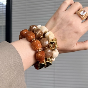 Handmade resin beaded bracelets with marble texture and large rectangle gemstone ring