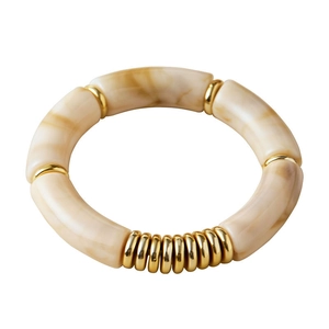 Chic CCB gold tube stretch bracelet with marble pattern resin and metallic gold accents