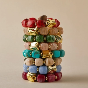 Colorful acrylic square bead bracelets with marble texture and golden star spacers