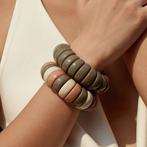 Maillard beaded stretch bracelet set with earthy olive green and cream resin beads