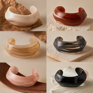 Retro geometric wide acrylic resin open cuff bracelets in six marbleized color patterns
