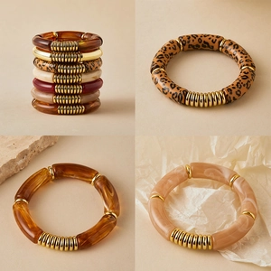 Elastic resin bracelet set with amber and leopard patterns and gold metal beads