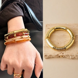 Vintage Chunky Acrylic Resin Bamboo Tube Elastic Bracelet For Women Gold Plated Stackable Bohemian Fashion Jewelry