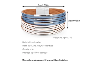 Detail of multi-layer leather bracelet with metallic tubes and silver magnetic clasp