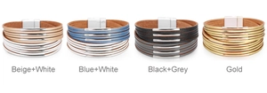 Detail showing multi-layer leather bracelets with magnetic clasps in four assorted colors