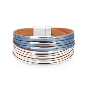 Multilayer leather wrap bracelet in blue and white with magnetic clasp and silver tubes