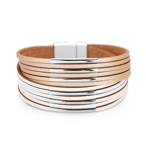 Detail of multi-layer wrap bracelet with silver tubes and magnetic clasp closure