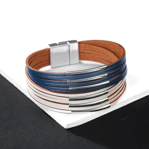 Detail of multi-strand leather bracelet with navy and white cords and a magnetic clasp