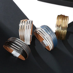 Multi-layer leather bracelet with metallic accents and mirror polished magnetic clasp