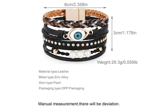 Dimensiones detalladas de la pulsera bohemia de cuero multicapa con ojo turco y perlas