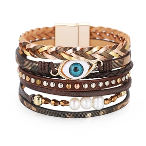 Pulsera Bohemia de Cuero Multicapa para Mujer Con Mal de Ojo Perla Artificial de Imitación Remache Cierre Magnético Joyería de Moda