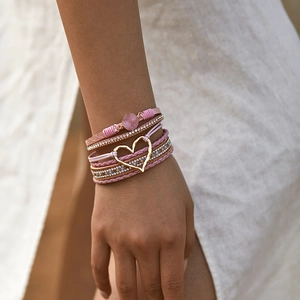 Roze bohemian meerlagige armband met hartje en fonkelende steentjes voor vrouwen